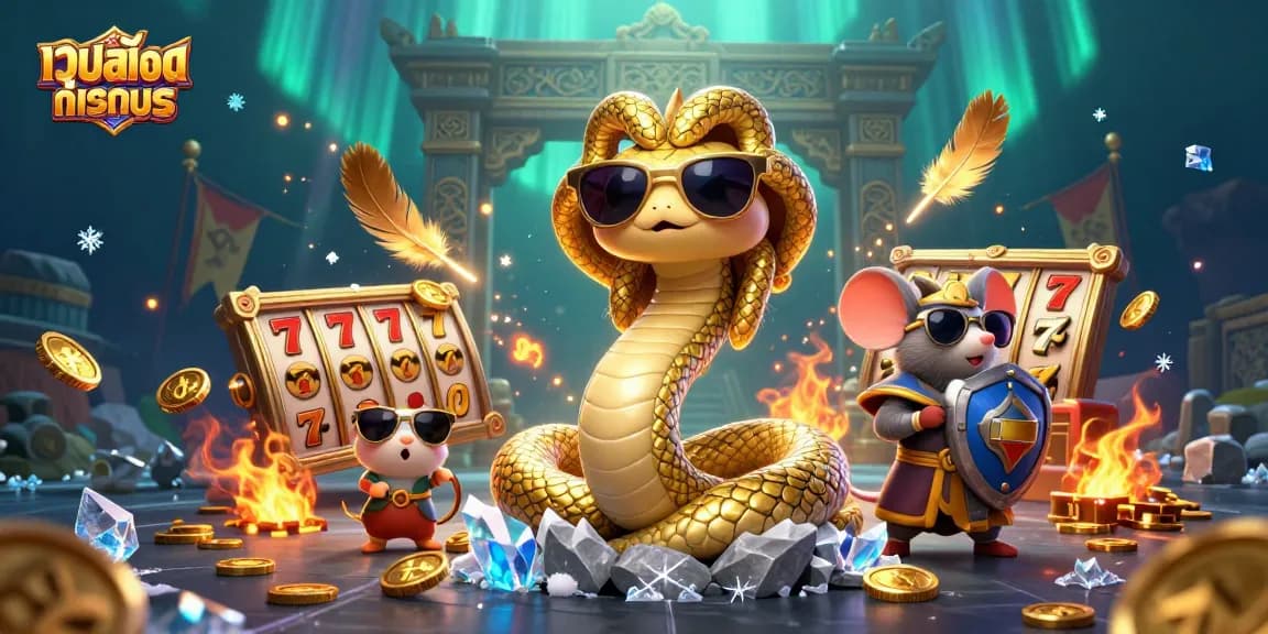 Experience เว็บสล็อตทดลอง in an action-packed scene with Medusa, a warrior mouse, and vibrant casino elements.