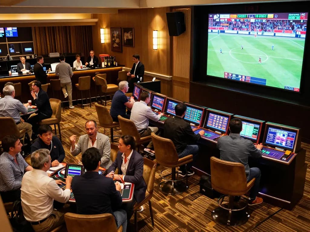 CM88 sports enthusiasts placing bets in a vibrant casino, showcasing dynamic betting action and excitement.
