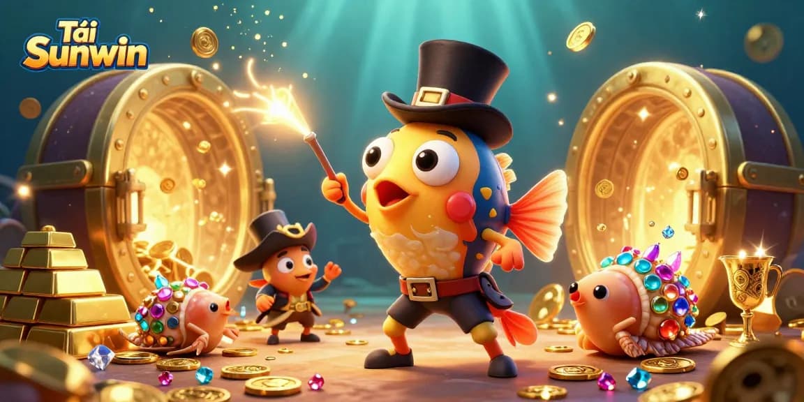 Tải Sunwin and indulge in online gaming riches with vibrant characters and dazzling treasures in this illustration.