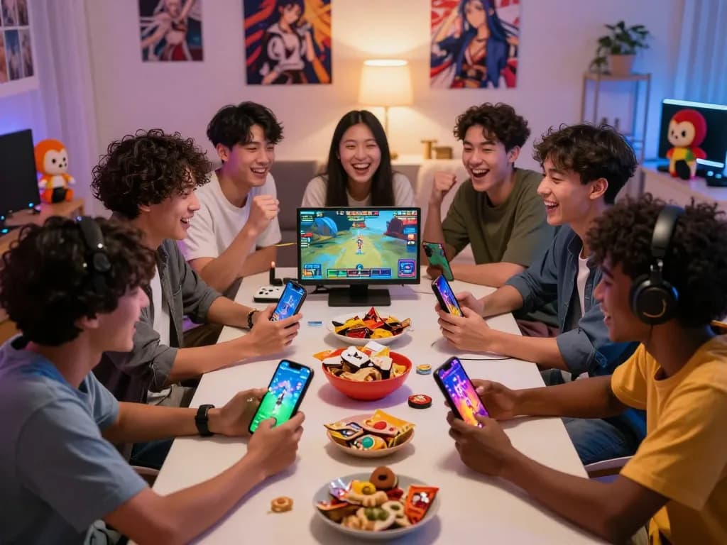 Exciting gaming scene showcasing friends playing a hentai game on mobile devices in a cozy living room filled with anime decor.