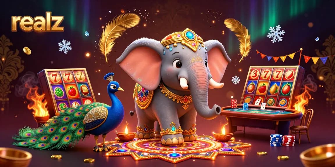 Experience the thrill of realz at this engaging casino scene with vibrant game symbols and festive decorations.