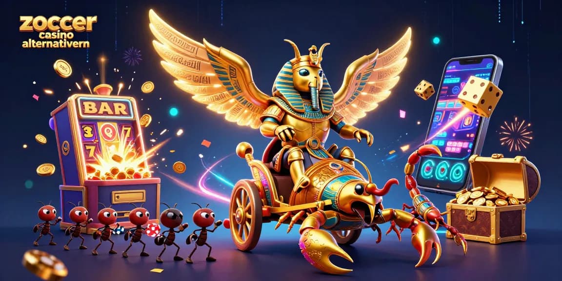 Zoccer Casino Alternativen: Erlebe ein aufregendes Universum mit einem goldenen Skarabäus und Slotmaschinen voller Gewinne.