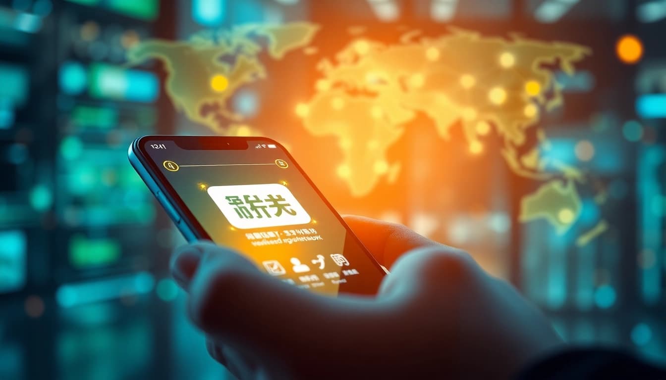 快连下载应用程序界面在智能手机上展示全球网络连接和安全功能。
