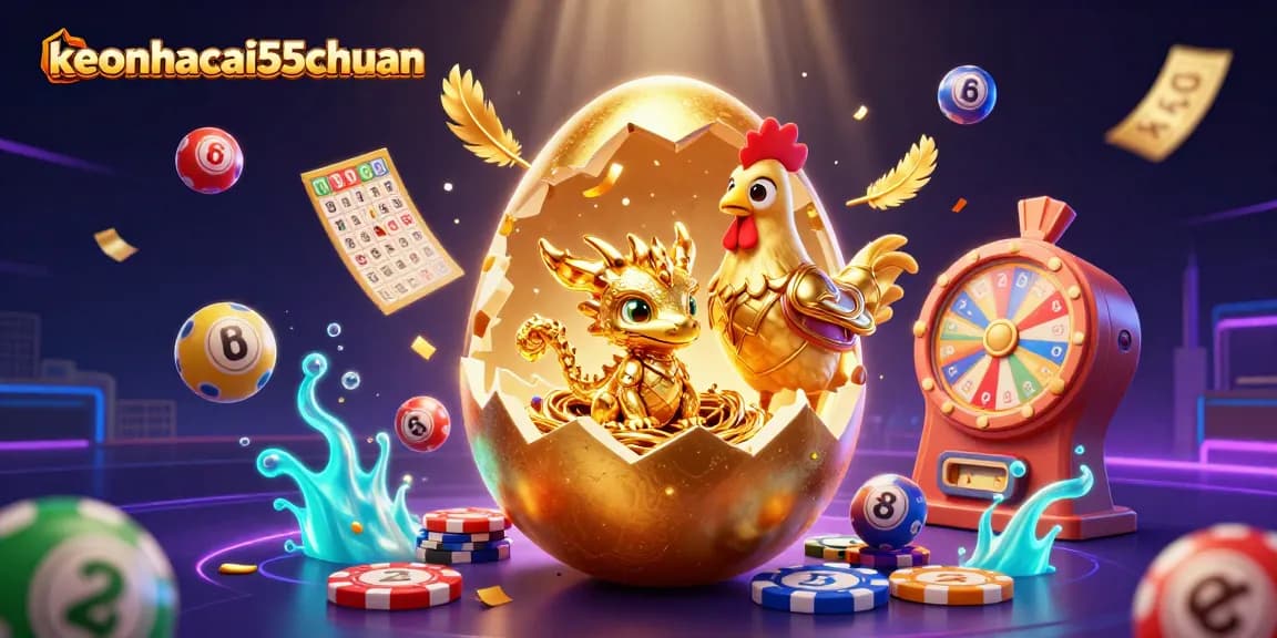 Experience the excitement of keonhacai55chuan with a vibrant scene featuring dragons, poker chips, and lottery elements.