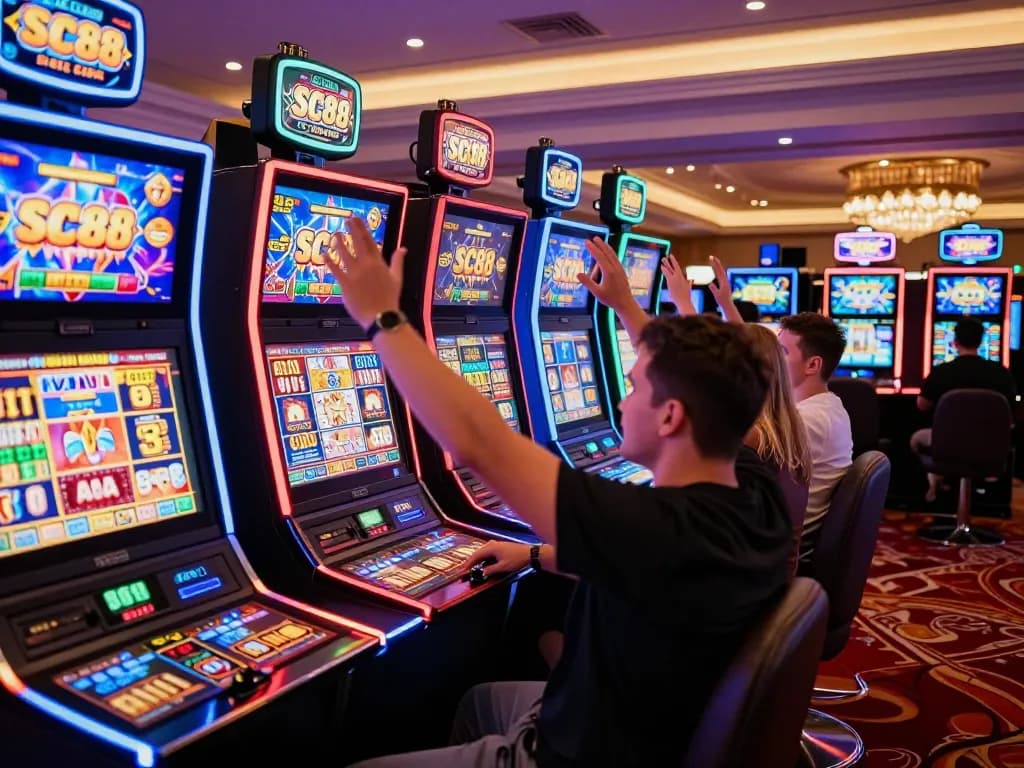 Celebrate a win at SC88 Com surrounded by vibrant slot machines and friends in a lively casino.