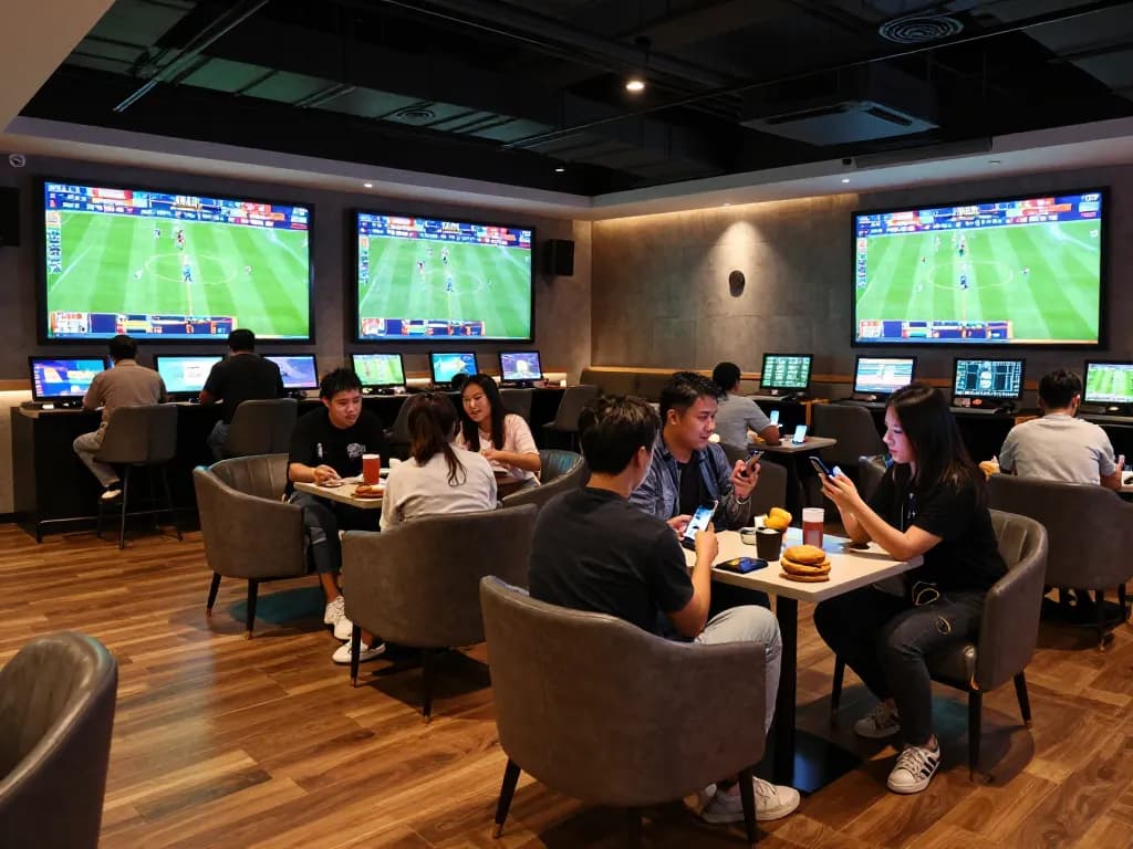 PHPVIP sports betting lounge filled with excited friends placing live bets during a match