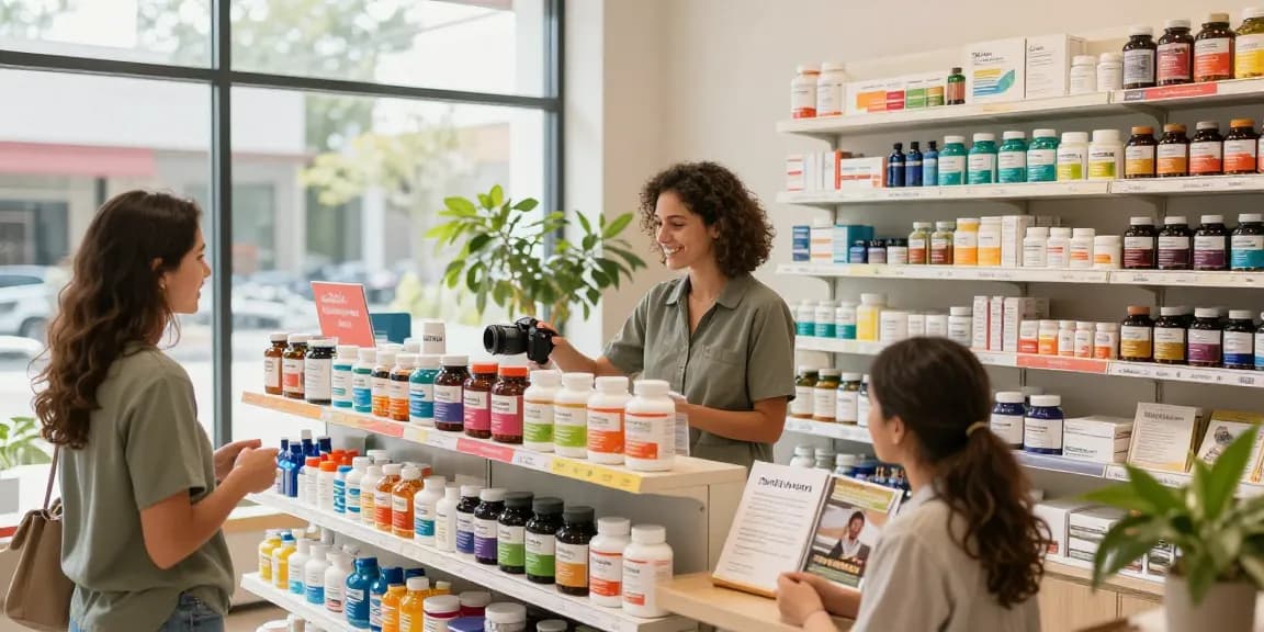Fesselnde Szene im Medi Pharma Shop, die Gesundheitsprodukte und Kundenservice zeigt.