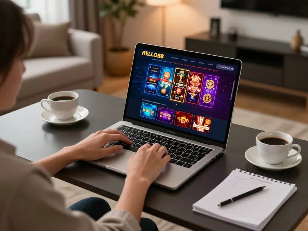 Player engaging with the HELLO88 online casino platform while enjoying a comfortable home setup