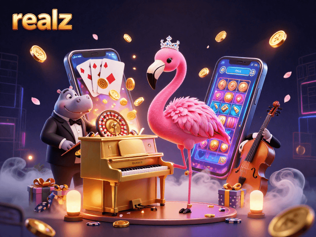 Erlebe die aufregenden Slots mit realz, einem Sängerflamingo und einem Hippo-Bassisten in einem bunten Casino-Setting!