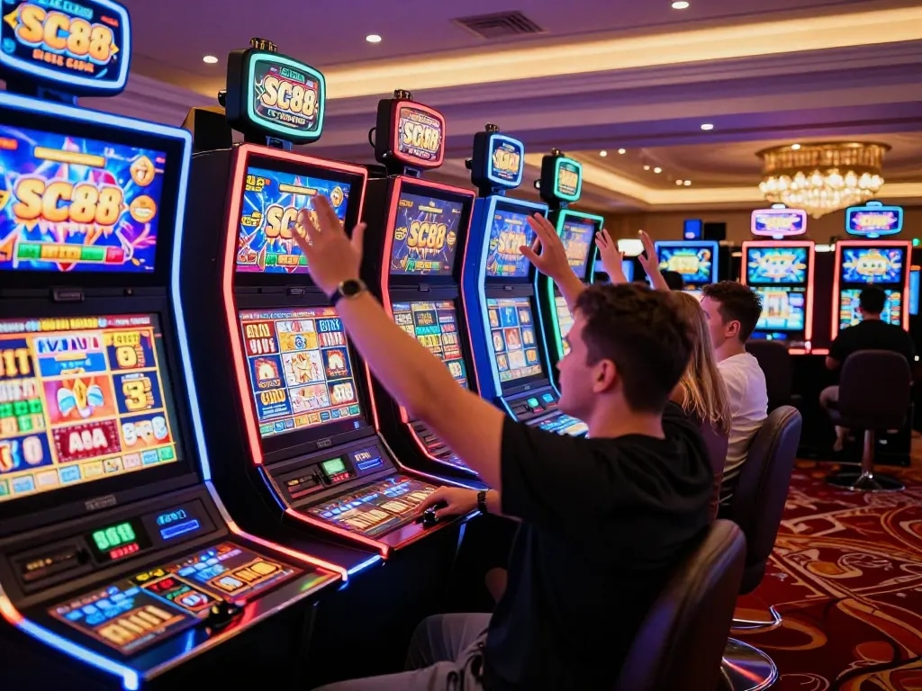 Celebrate a win at SC88 Com surrounded by vibrant slot machines and friends in a lively casino.