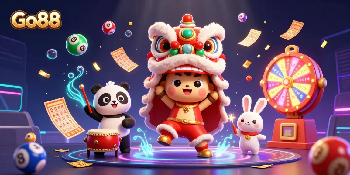 Experience the thrill at Go88 with an engaging lion dance celebration, surrounded by colorful lottery elements.