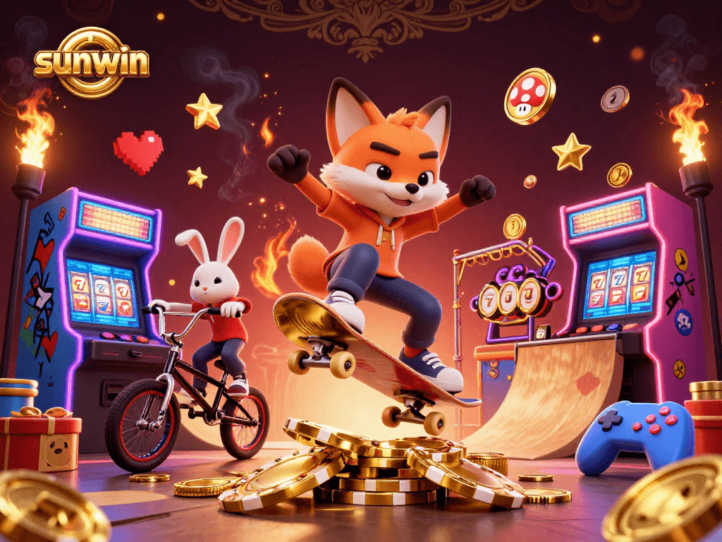 Experience thrilling gameplay at sunwin with a vibrant illustration of casino-themed characters and elements.