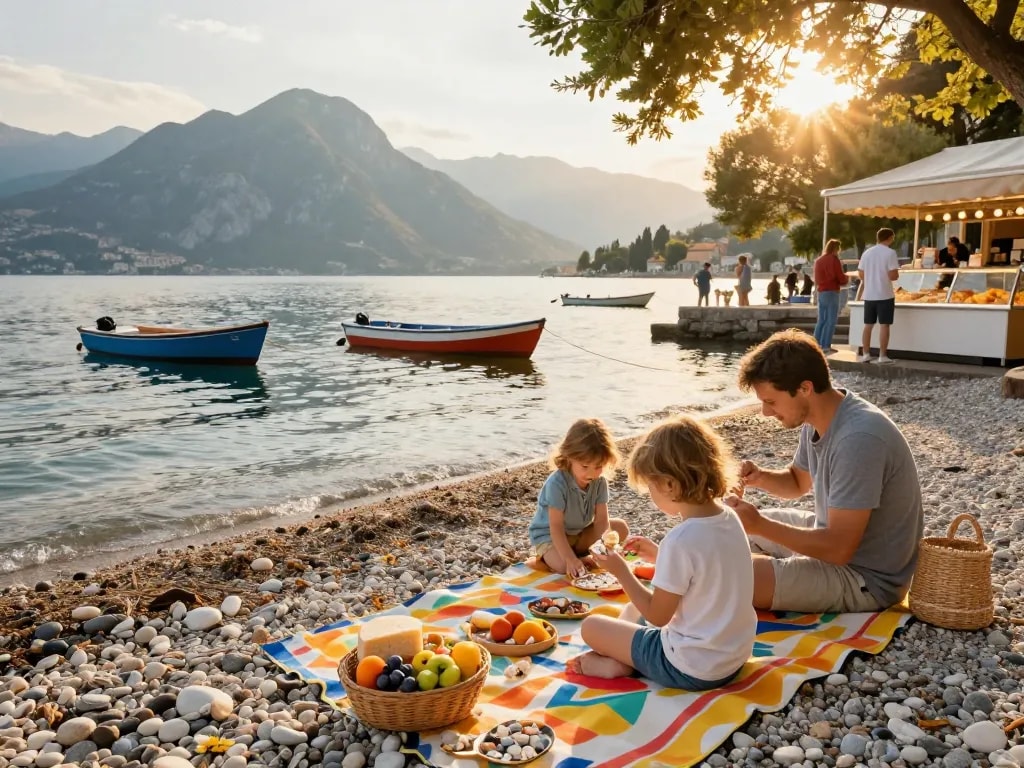 Reisetipps Gardasee Familie genießt ein Strandpicknick am Gardasee während des Sonnenuntergangs