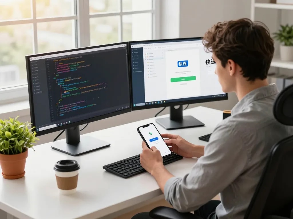 现代工作空间中,技术熟练的专业人士在其Android设备上下载快连下载应用程序的过程。