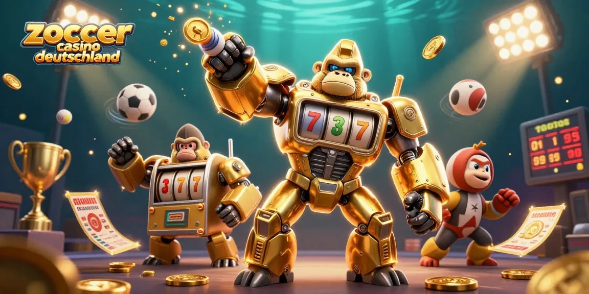 Spielen im Zoccer Casino Deutschland mit einem goldenen Gorilla-Mek und dynamischen Sport-Elementen.