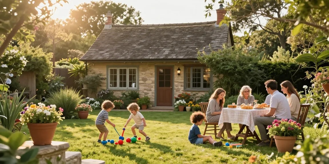 Familie genießt die Zeit im Garten mit einem Gartenhaus kaufen im Hintergrund, idyllische Atmosphäre.