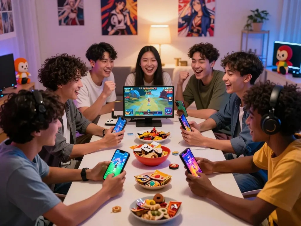 Exciting gaming scene showcasing friends playing a hentai game on mobile devices in a cozy living room filled with anime decor.