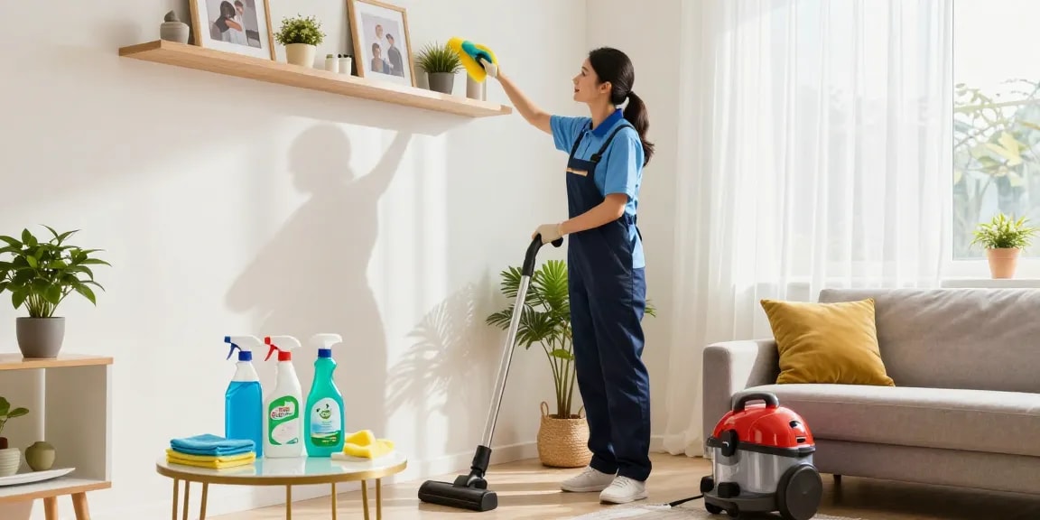 Home cleaning services in Bern with professional cleaner showcasing meticulous care and attention to detail.