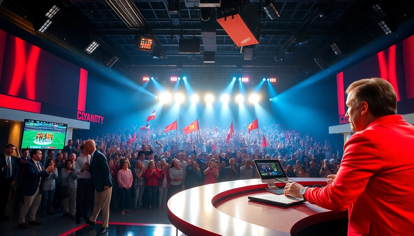 Sports Broadcasting anchor engaged with an audience in a vibrant studio setting.