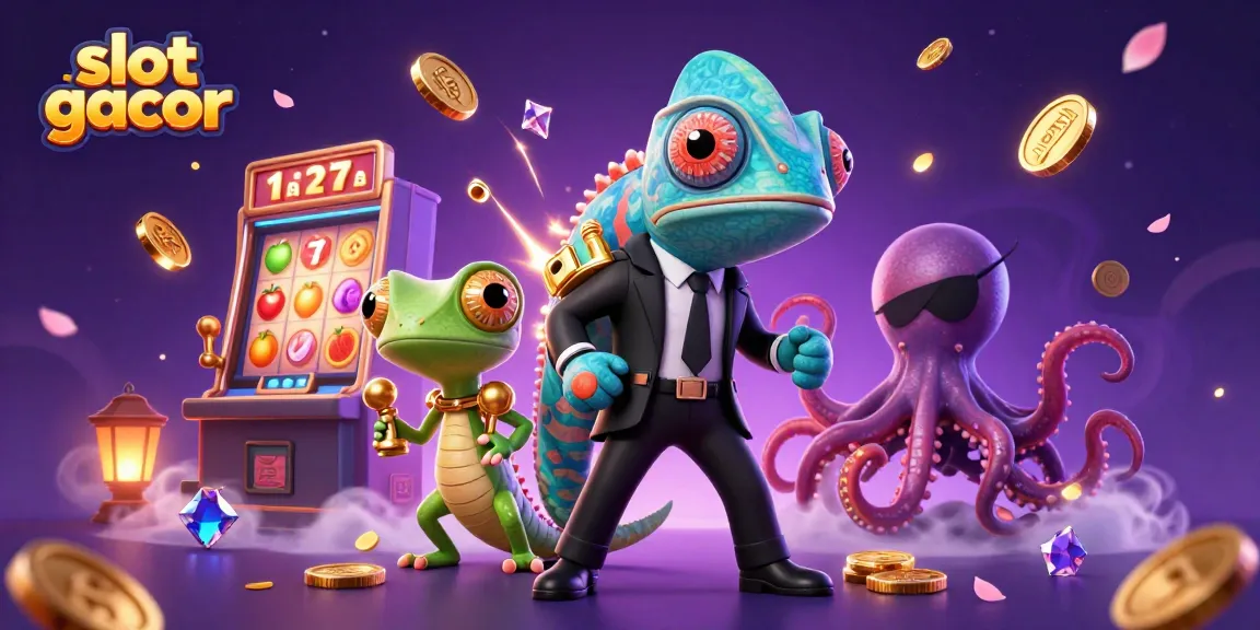 Play exciting slot gacor games with vibrant chameleon and colorful characters collecting jackpots and coins.