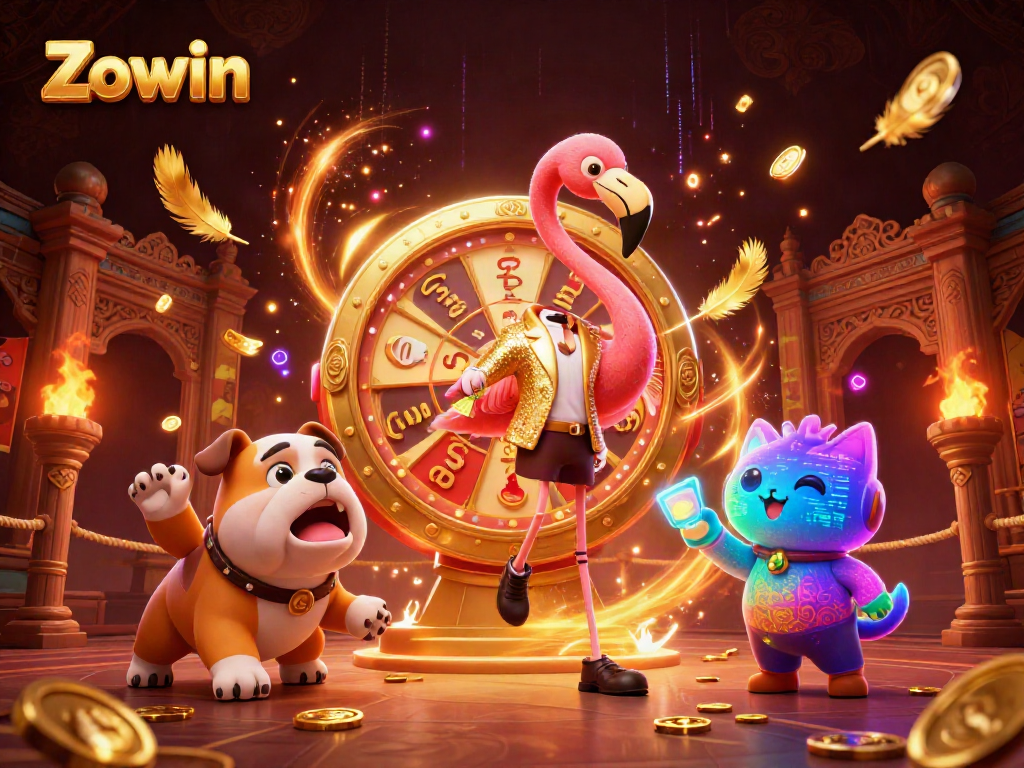 Experience thrilling gaming action at Zowin with vibrant characters and dynamic casino-themed elements.