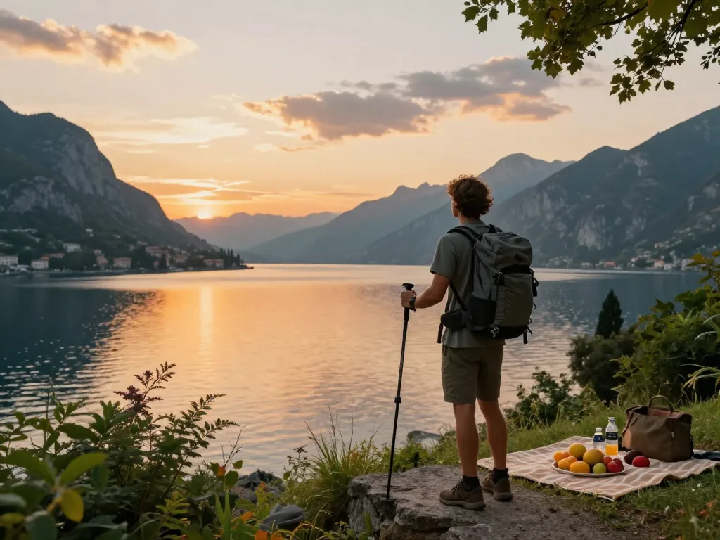 Gardasee Reisetipps: Reisender genießt den Sonnenuntergang am Gardasee mit atemberaubenden Landschaften.