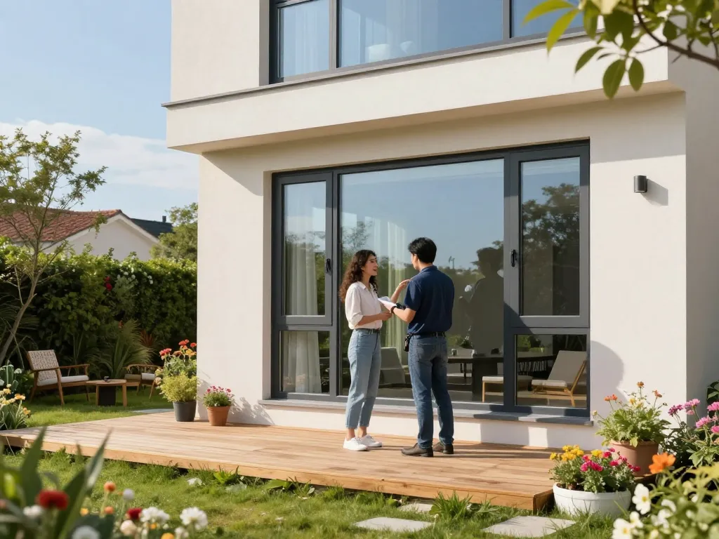 Elegantes Zuhause mit Fenster Schüco, umgeben von lebendiger Landschaft und Sonnenlicht