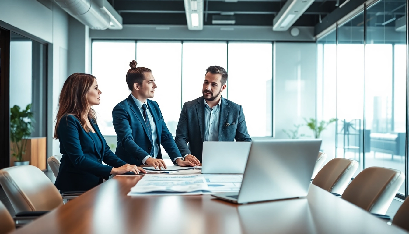 Headhunter Ingenieure: Interaktion zwischen einem Headhunter und Ingenieuren in einem modernen Büro.
