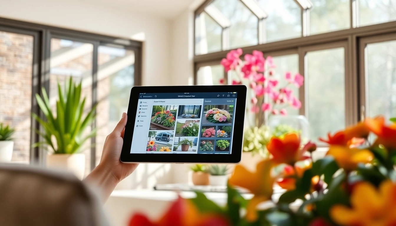 Wintergarten Konfigurator in einem modernen Wohnraum mit natuerlichen Pflanzen und einem Tablet.