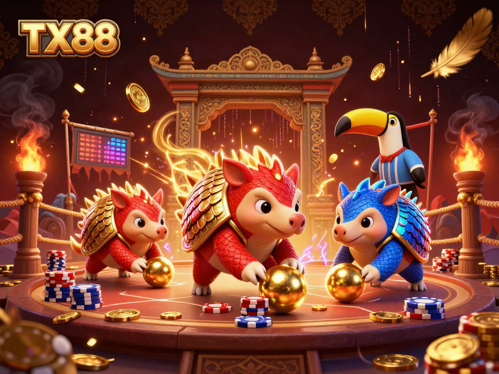 Experience thrilling gameplay at TX88 as rival pangolins compete amidst vibrant casino elements.