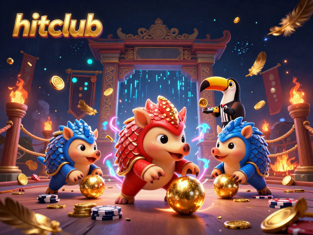 Hitclub pangolins compete in a vibrant casino setting, bowling through poker chips with dynamic action.
