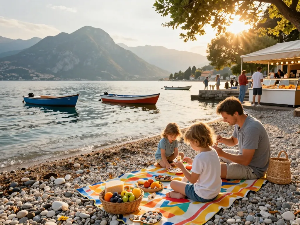 Reisetipps Gardasee Familie genießt ein Strandpicknick am Gardasee während des Sonnenuntergangs