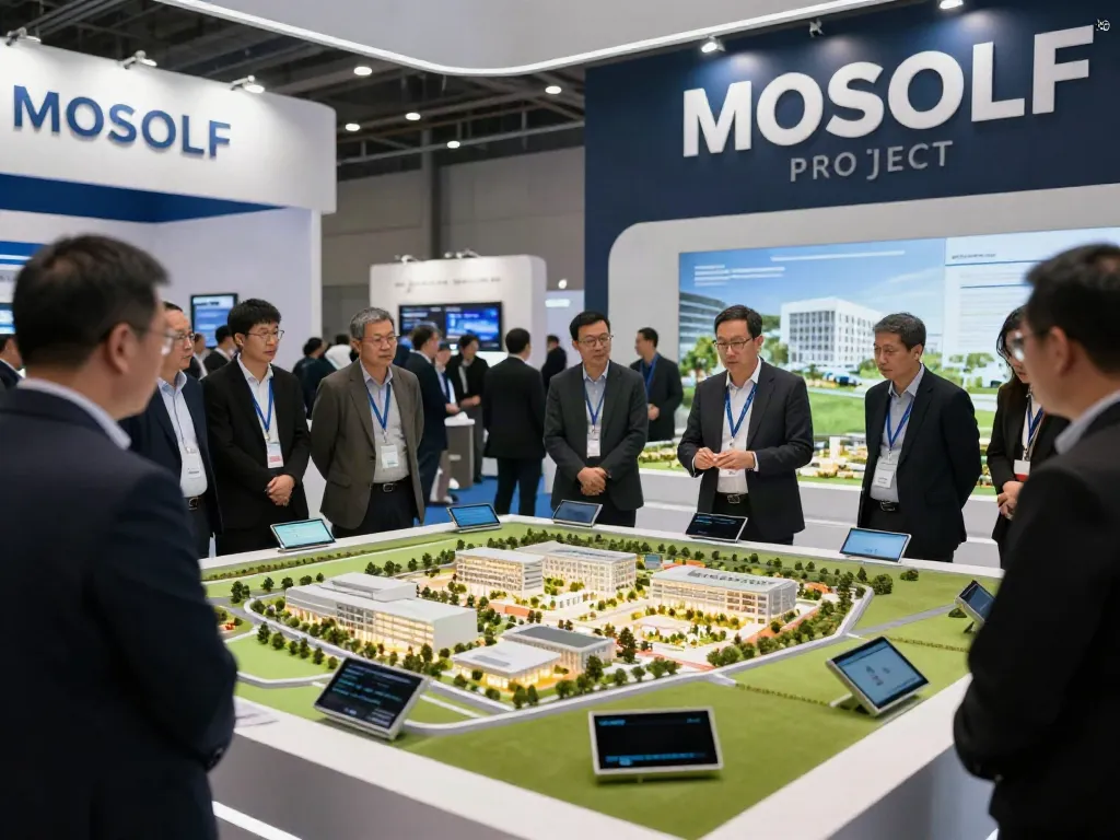 Das Ausstellungsmodell zeigt das Mosolf-Projekt bei einer Messe, umgeben von interessierten Besuchern.