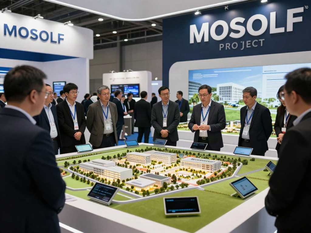 Das Ausstellungsmodell zeigt das Mosolf-Projekt bei einer Messe, umgeben von interessierten Besuchern.