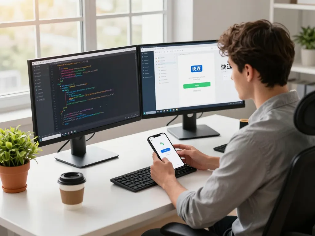 现代工作空间中，技术熟练的专业人士在其Android设备上下载快连下载应用程序的过程。