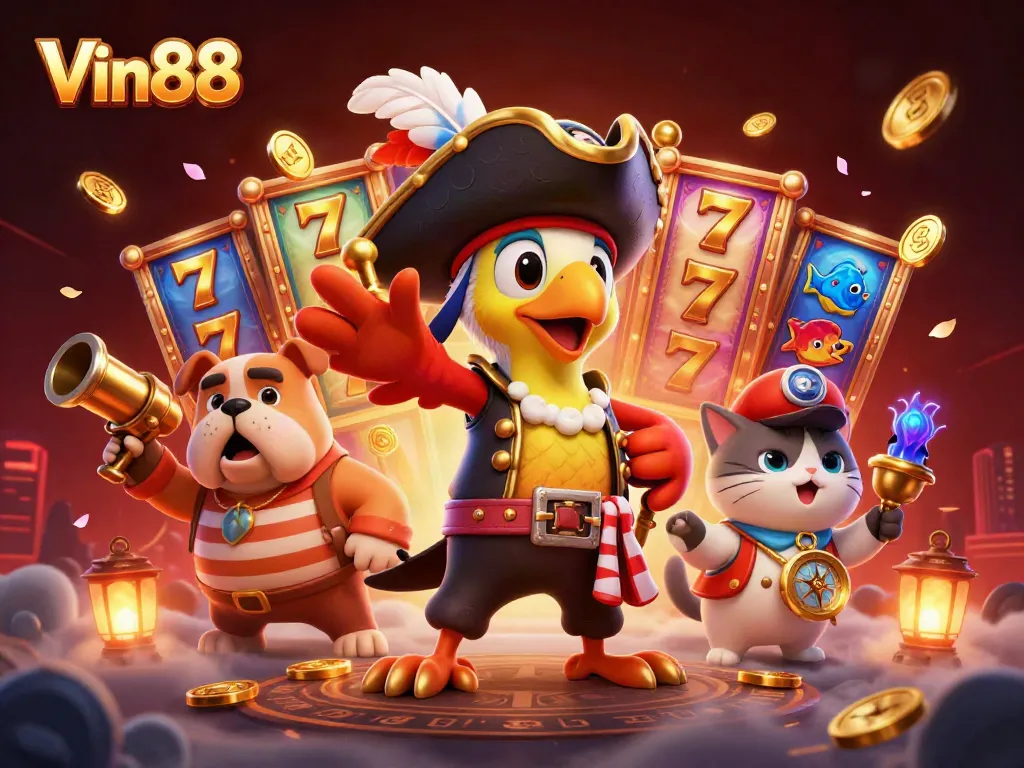 Experience Vin88 with thrilling slot reels and dynamic casino elements in a vibrant 3D illustration.