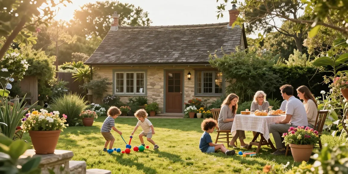 Familie genießt die Zeit im Garten mit einem Gartenhaus kaufen im Hintergrund, idyllische Atmosphäre.