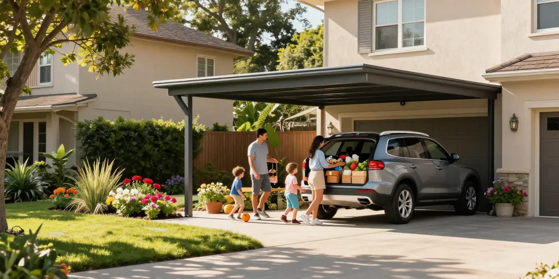 Moderne Carport im Garten mit Familie, die Einkäufe aus dem SUV auslädt.