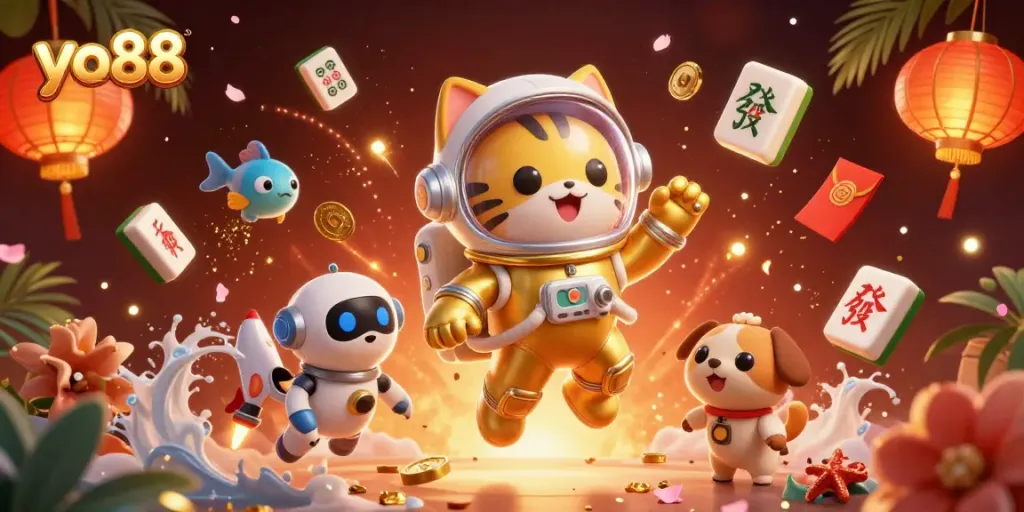 Engage in exciting games with yo88 featuring a 3D astronaut cat and dynamic casino elements.