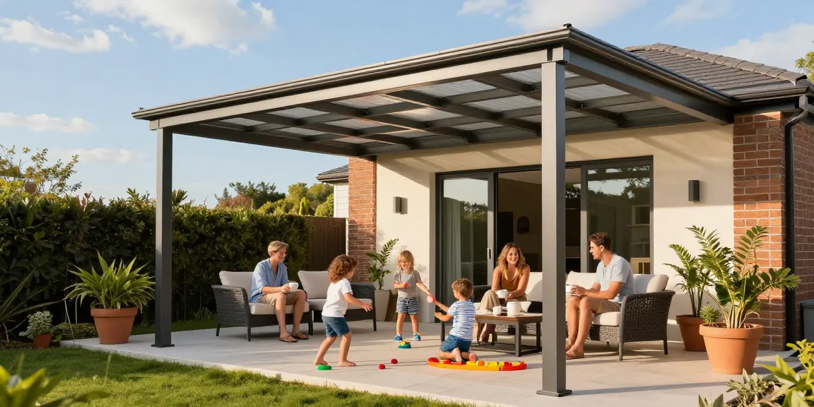 Moderne Terrassenüberdachung mit Familie im Garten genießen sonnigen Tag.