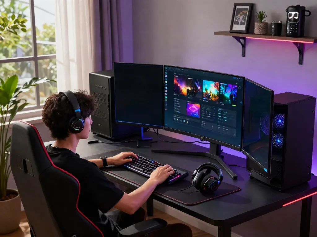 Engaged player in a modern gaming setup using ROKOK88 super services with vibrant screens and gaming accessories.