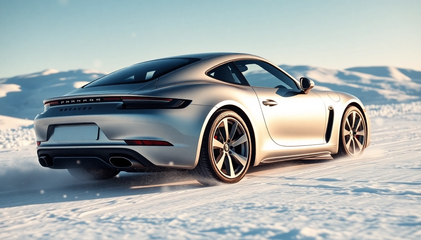 Auto Kufen im Einsatz auf einem Sportwagen, der durch den Schnee gleitet.