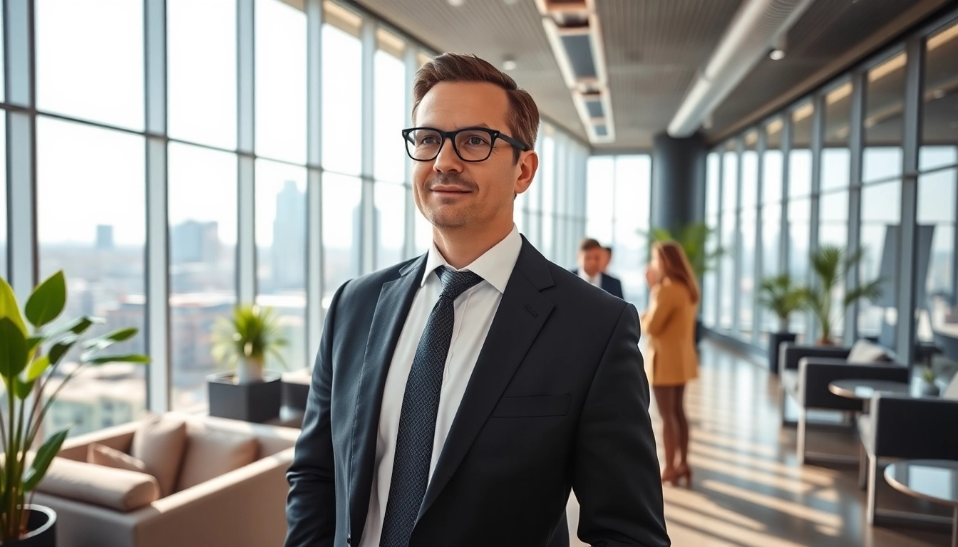 Immobilienmakler Frankfurt Ginnheim zeigt professionelle Interaktion mit Kunden im modernen Büro.
