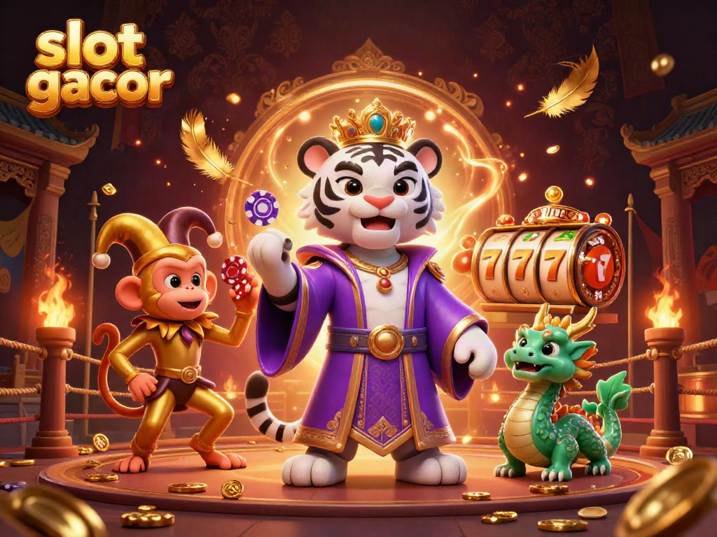 Engage thrilling slot gacor games with a radiant tiger, playful monkey, and mystical dragon in action.
