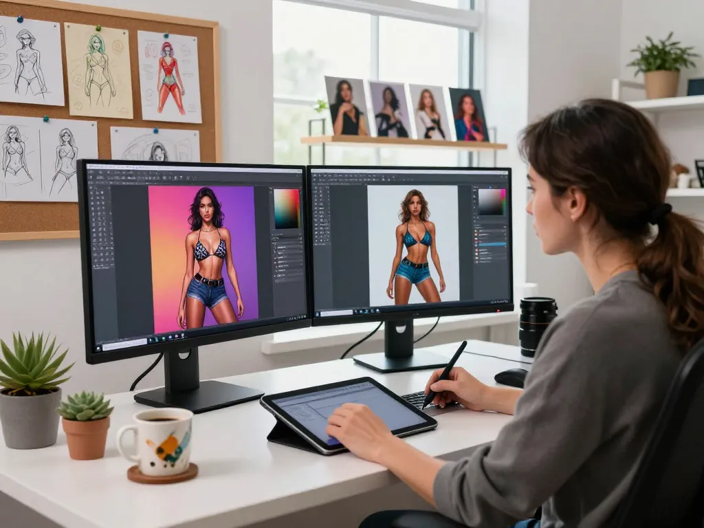 Creative designer generating AI porn content in a vibrant digital art studio, showcasing innovative character designs.
