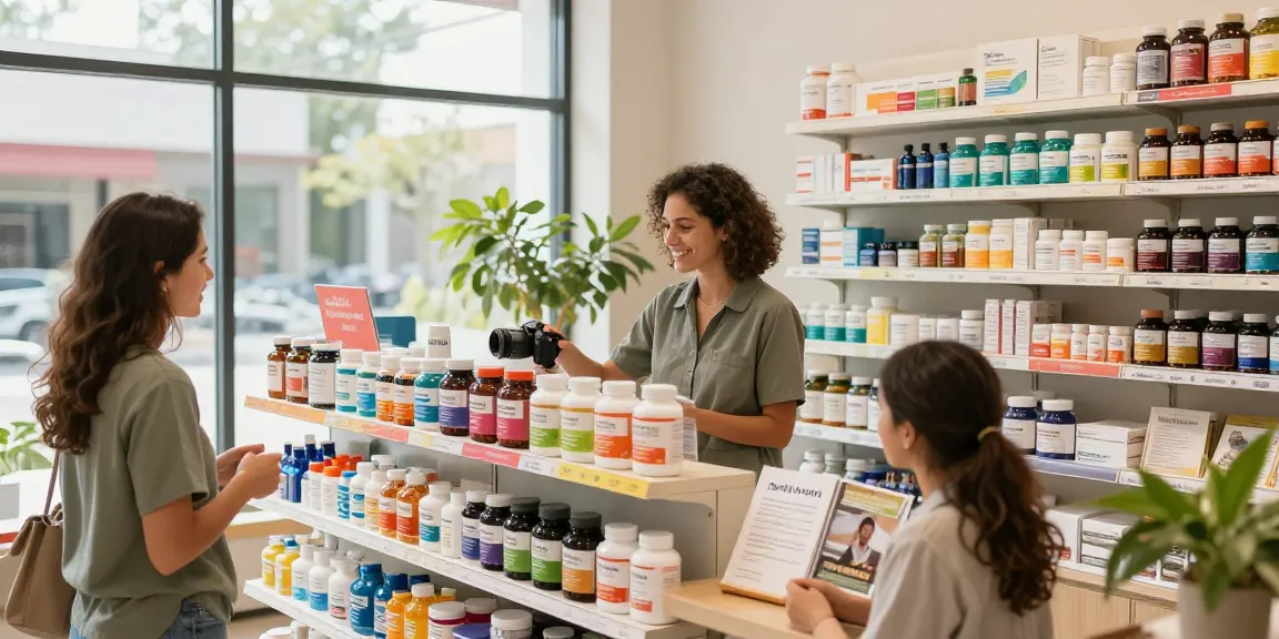 Fesselnde Szene im Medi Pharma Shop, die Gesundheitsprodukte und Kundenservice zeigt.