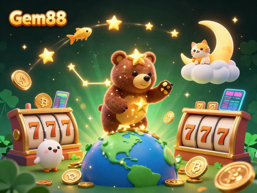 Experience thrilling wins at Gem88's vibrant casino with a constellation bear capturing coins.