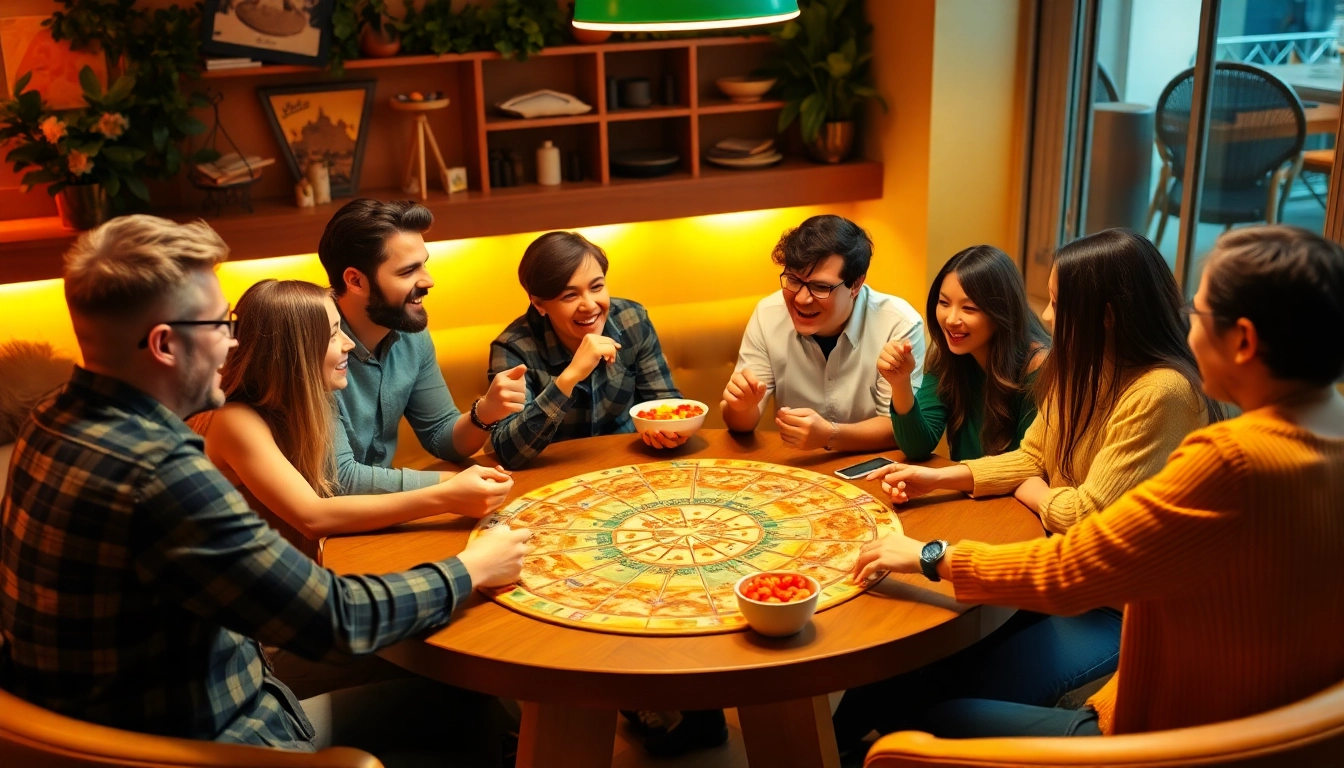 Pizzanap players enjoying a lively game night with colorful pieces and snacks.
