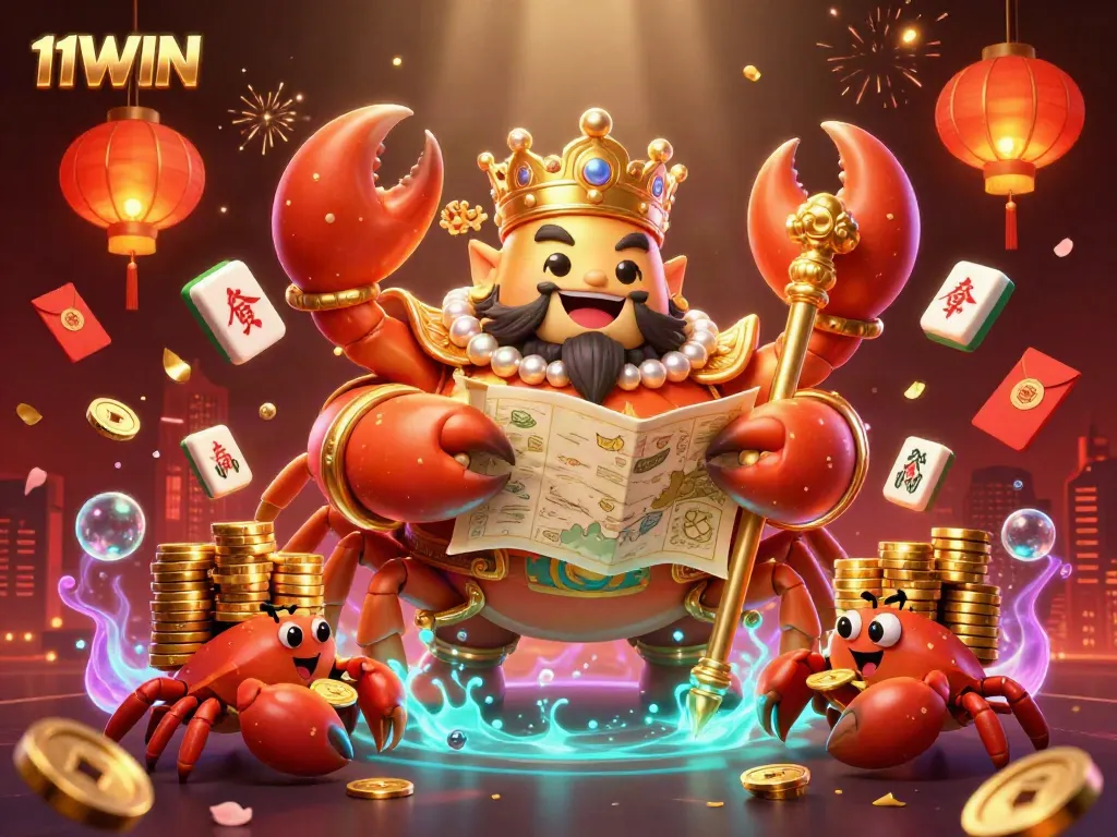 Experience thrilling gameplay at 11WIN with vibrant casino elements and a golden crab emperor.
