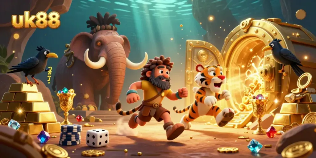 Experience thrill with the uk88 casino featuring vibrant characters and dazzling gold treasures.